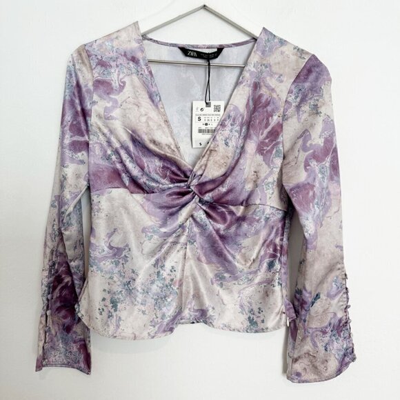 NWT Zara Satin Marble Printed Flare Sleeve V-Neck Twist Blouse Top New Small - Picture 1 of 7